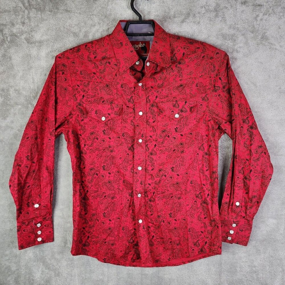 Mens Rodeo Clothing Red Paisley Print Long Sleeve Snap Western Shirt M Medium